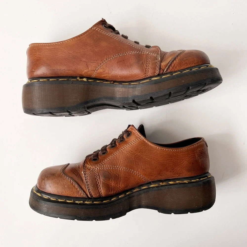 Vintage Dr. Martens Platform Oxfords Brown Leather Chunky Mary Jane Boots Size 8